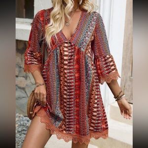 Boho floral print plunging V neck lace detail dress